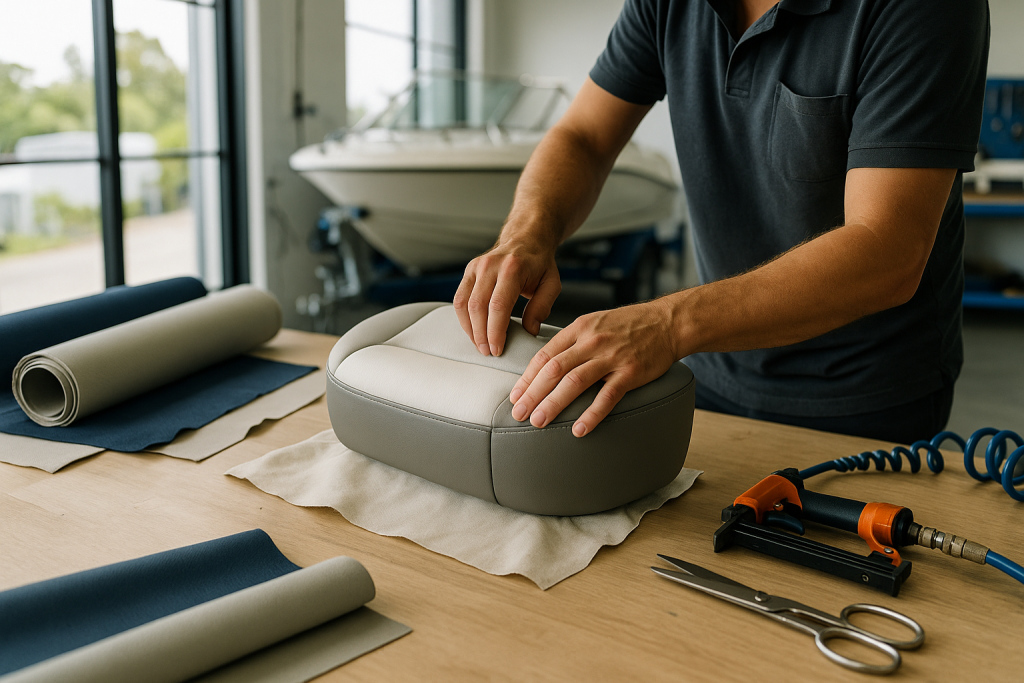 Marine trimmer working on boat upholstery in Gold Coast workshop
