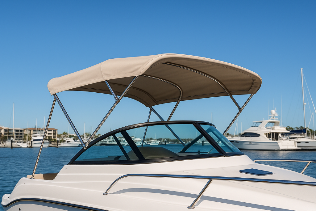 Custom canvas boat canopy fitted at a Gold Coast marina