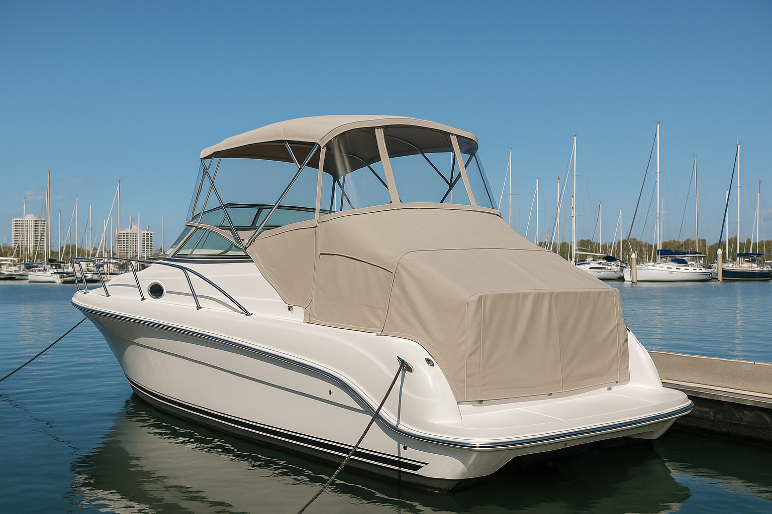 Boat with custom canopy and cover at Gold Coast marina