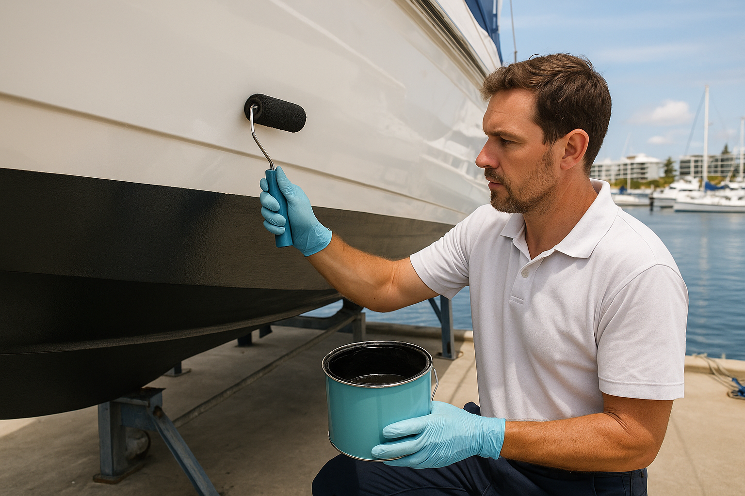 Marine technician applies antifouling to boat hull on Gold Coast
