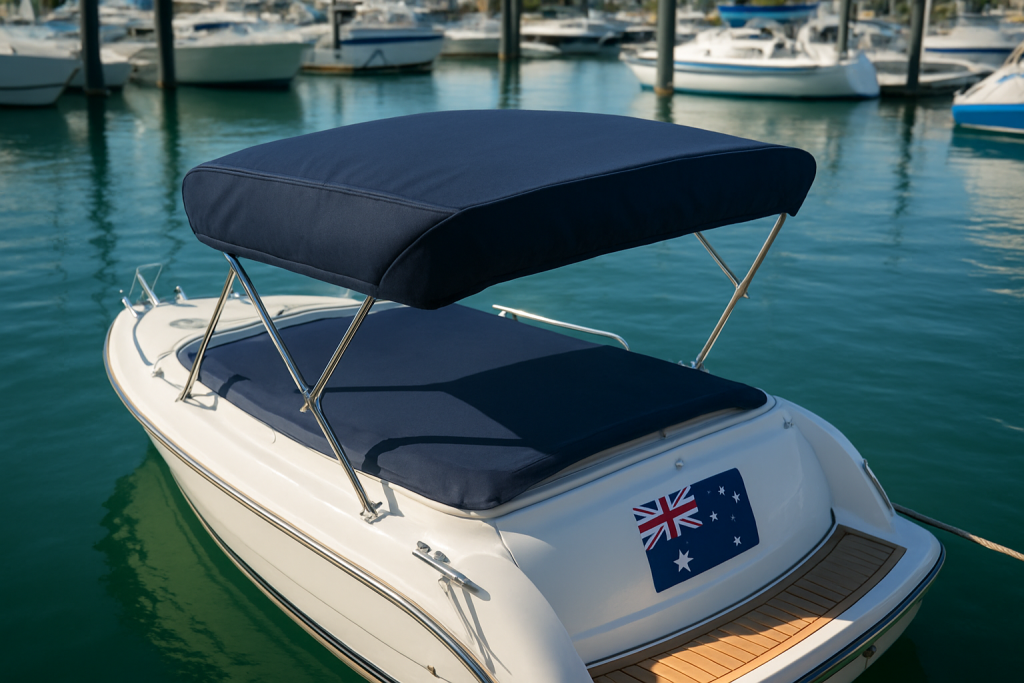 Boat with bimini top and protective bimini boot fitted at the marina
