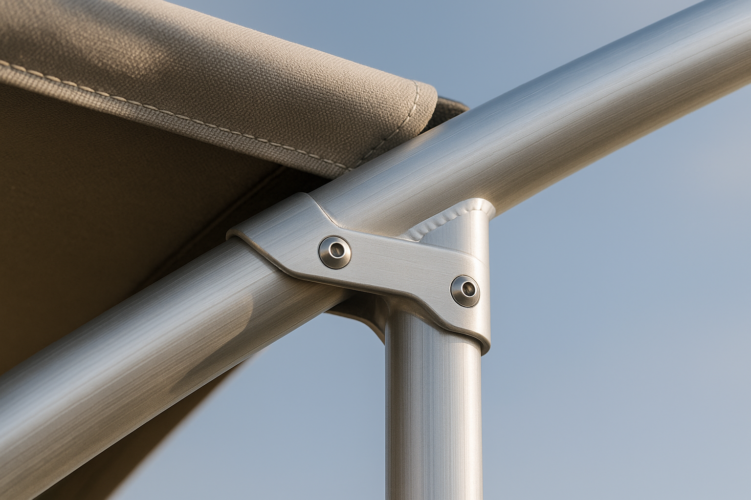 Close-up of aluminium boat canopy frame and canvas