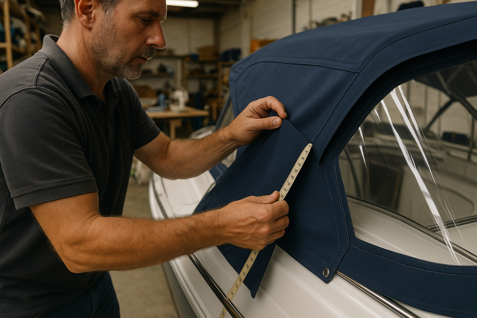 Marine trimmer fitting new canvas on a boat