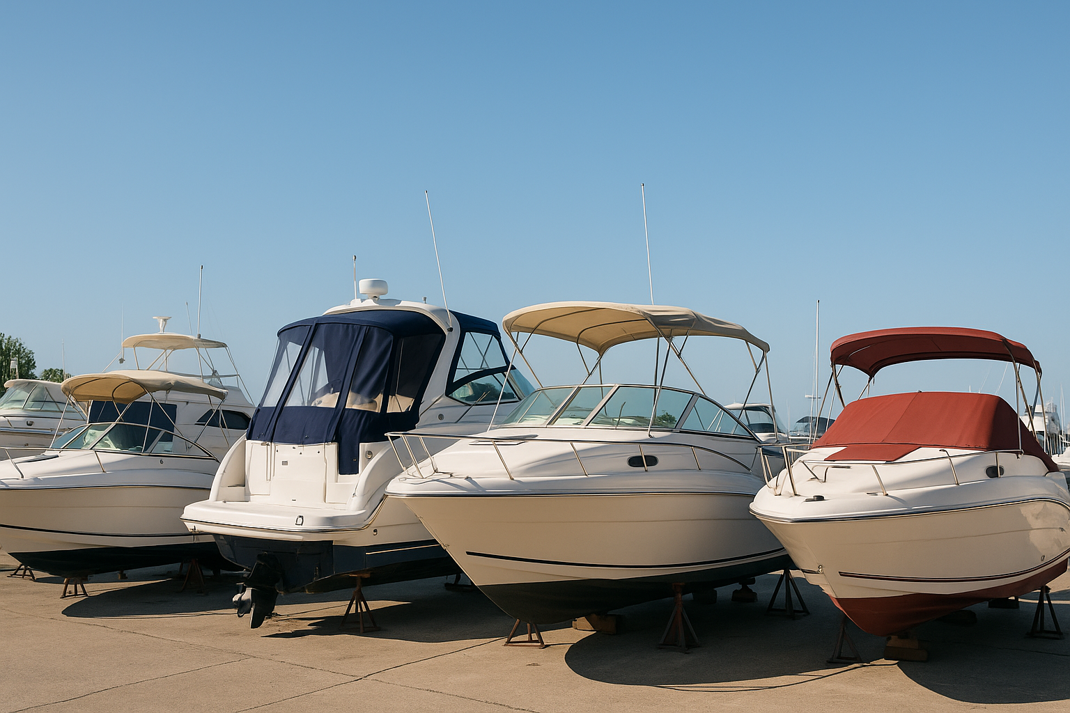 Boats with different canopy styles in a marina setting