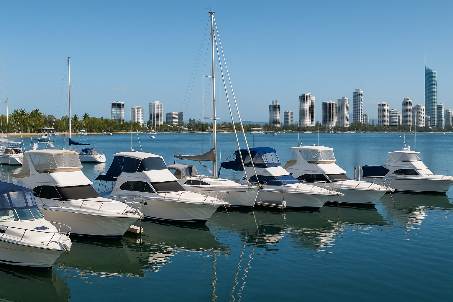 Clean boats with covers and canopies moored at Gold Coast marina