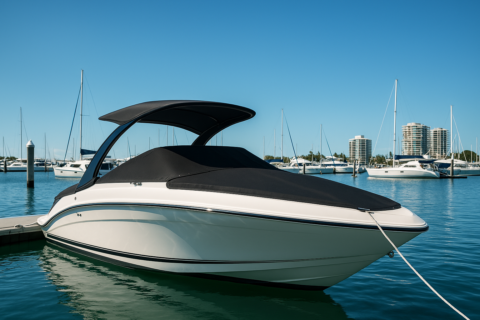 Boat with custom marine canopy and cover at a Gold Coast marina