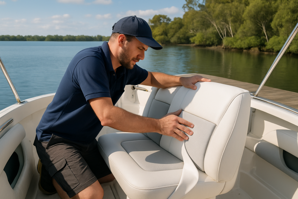 Expert upholsterer fitting boat upholstery in Deception Bay marina