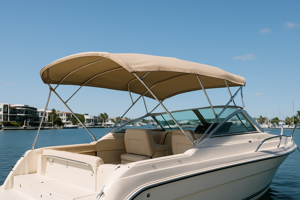 Boat with canvas awning docked at Gold Coast marina