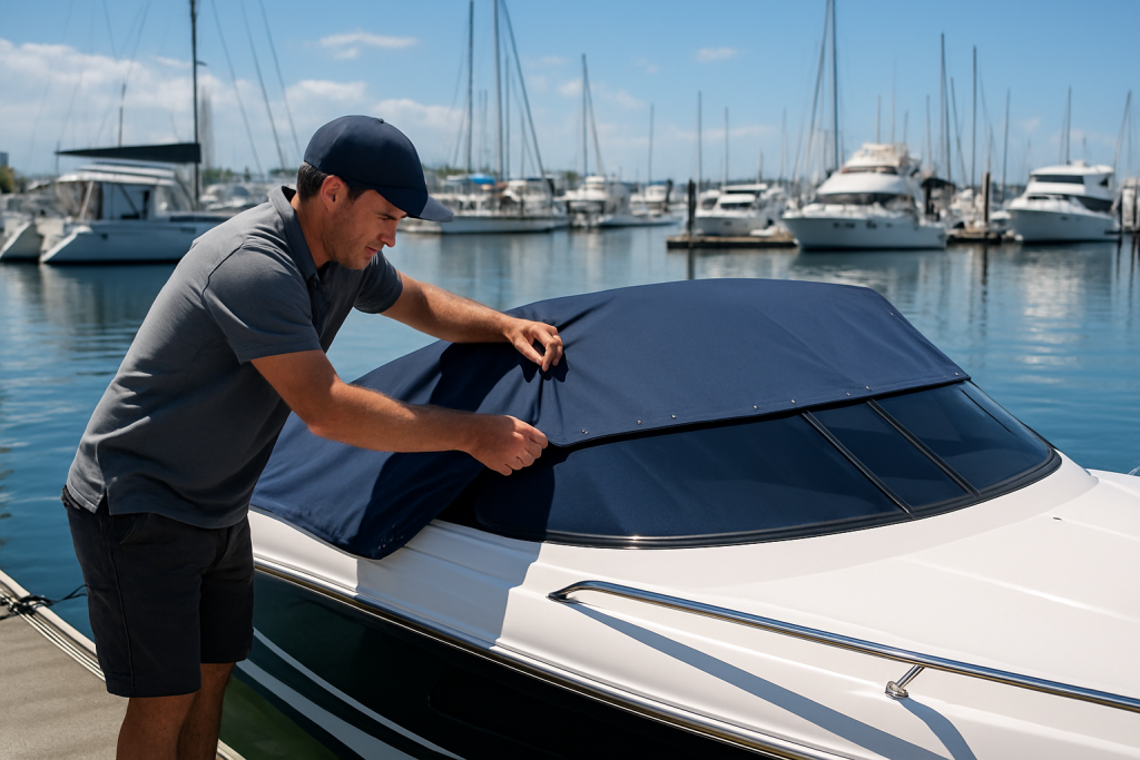 Custom marine canvas being professionally fitted to a boat at a Gold Coast marina
