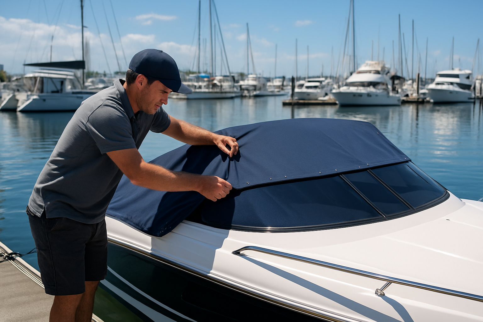 Custom marine canvas being professionally fitted to a boat at a Gold Coast marina