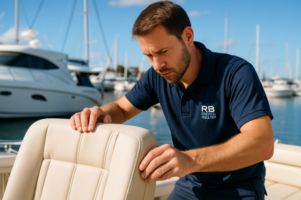 Marine trimmer fitting new boat upholstery at a Gold Coast marina