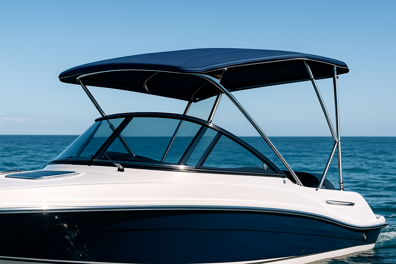 Motorboat with navy blue rigid bimini bateau on Gold Coast waters