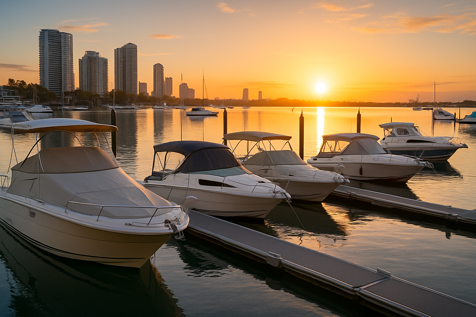 Boats in a Gold Coast marina with custom marine covers.