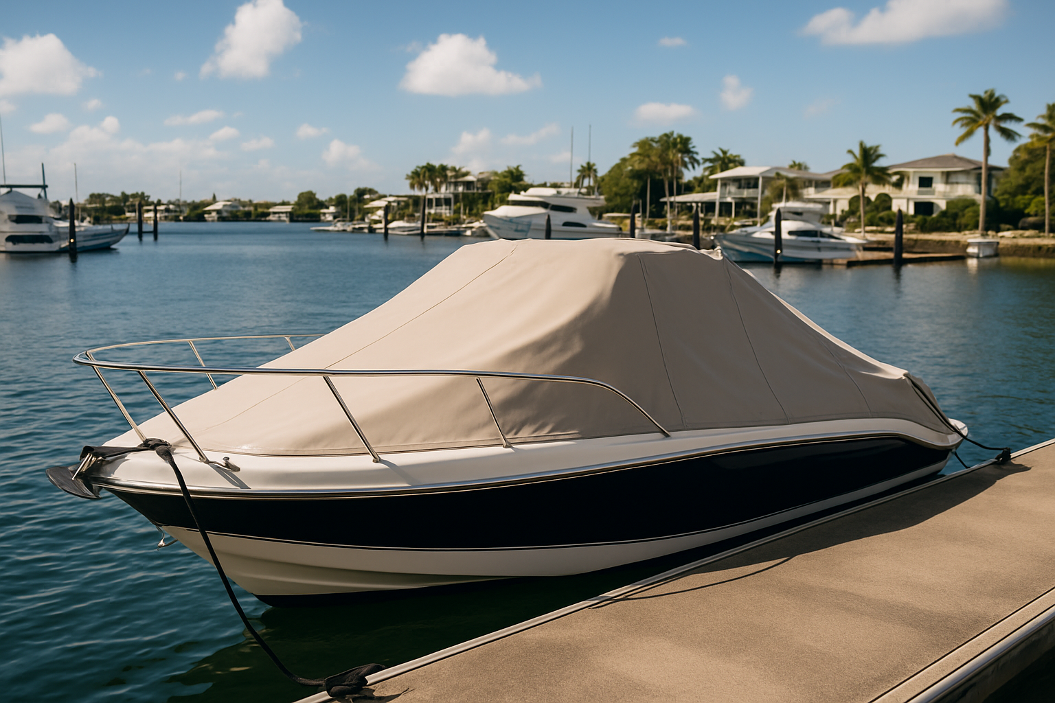 Boat with a custom canvas cover docked at Gold Coast marina