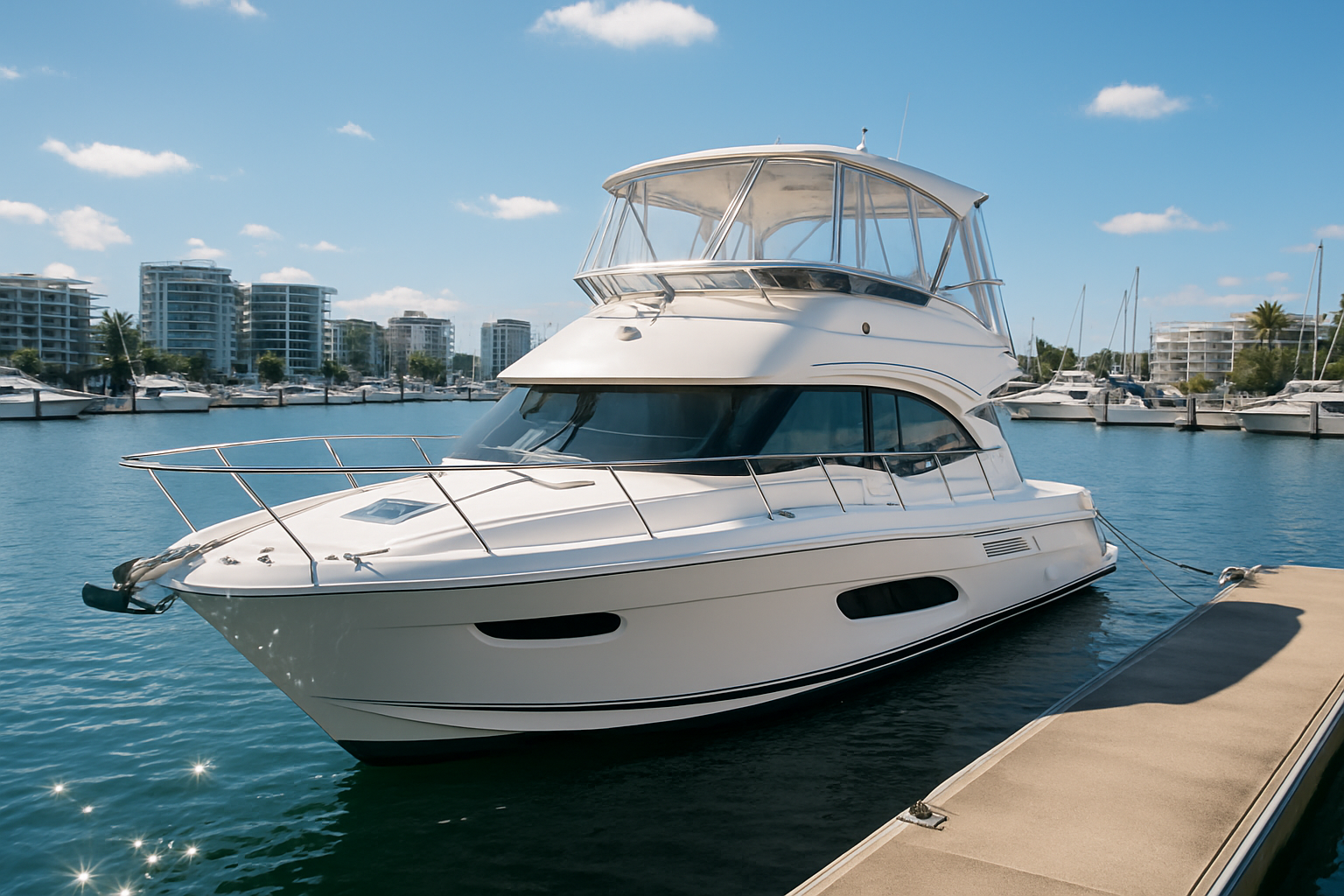 Yacht with flybridge clears docked at a Gold Coast marina