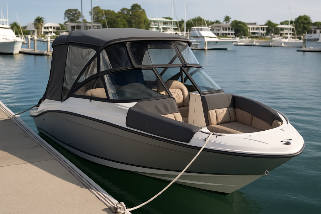 A modern boat with custom marine covers and upholstery at Runaway Bay Marina, Gold Coast