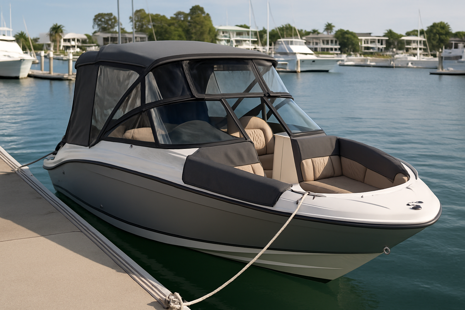 A modern boat with custom marine covers and upholstery at Runaway Bay Marina, Gold Coast