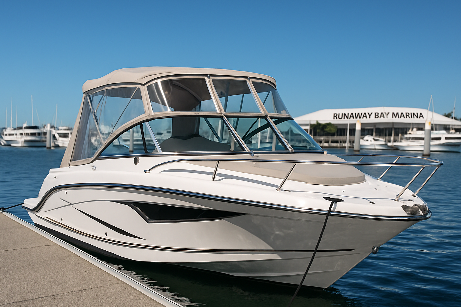 Custom marine cover fitted on a boat at Runaway Bay Marina