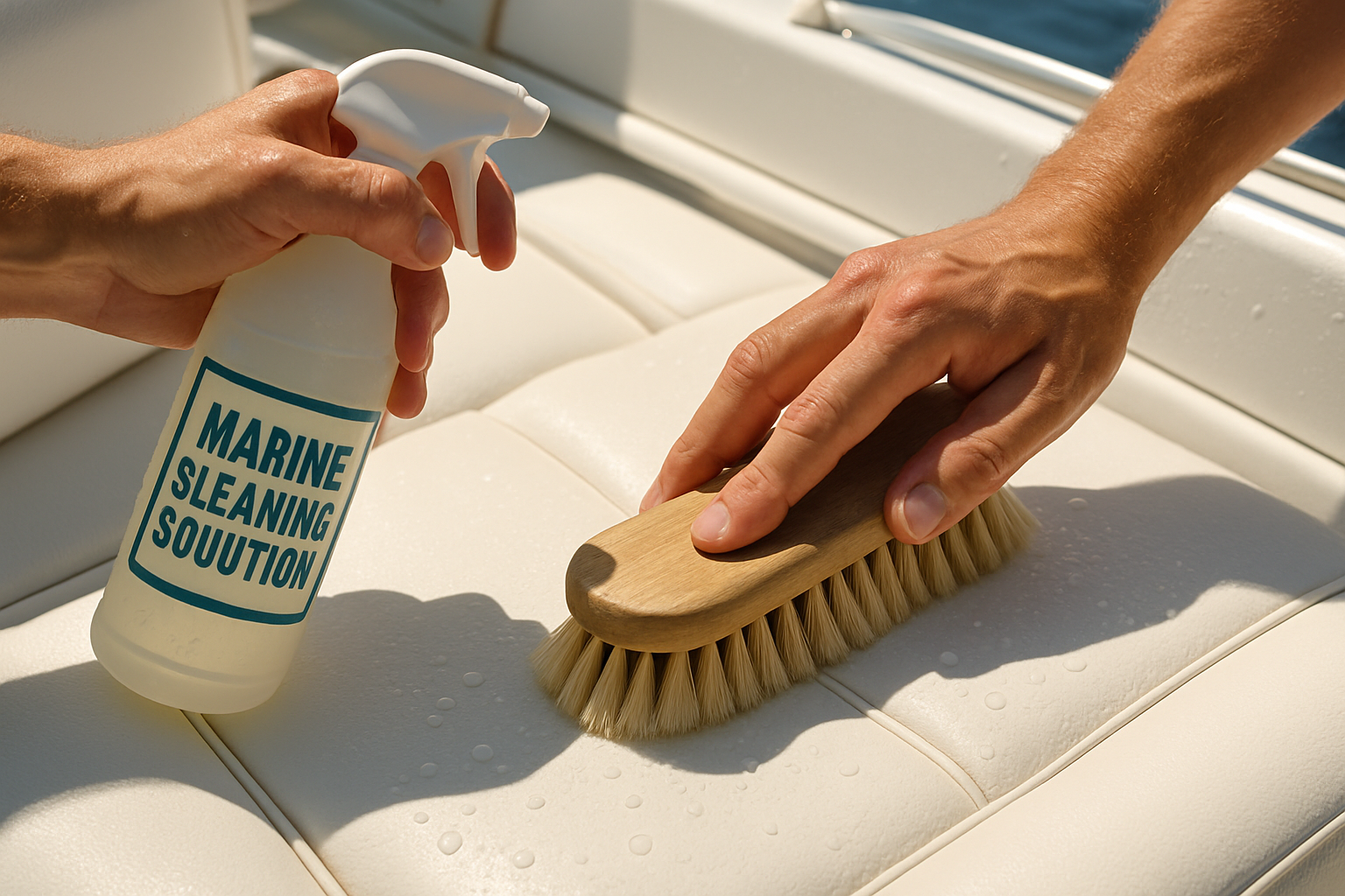 Hands cleaning marine upholstery with gentle brush and cleaner