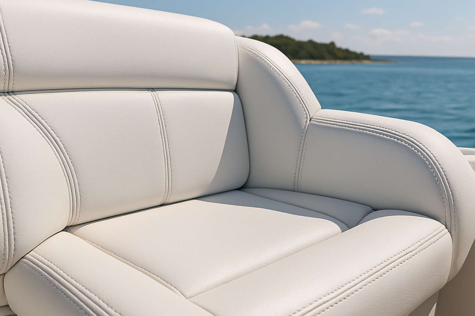 Close-up of marine vinyl boat upholstery with UV-resistant stitching
