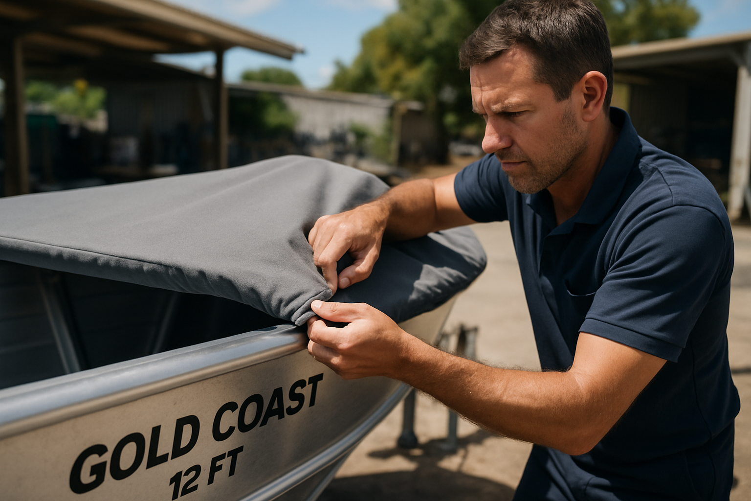 Technician fitting custom 12 foot boat cover on aluminium boat