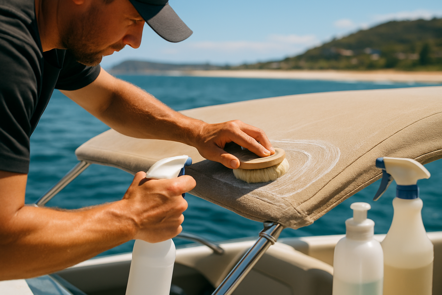 Marine upholstery cleaner maintaining bimini top fabric outdoors