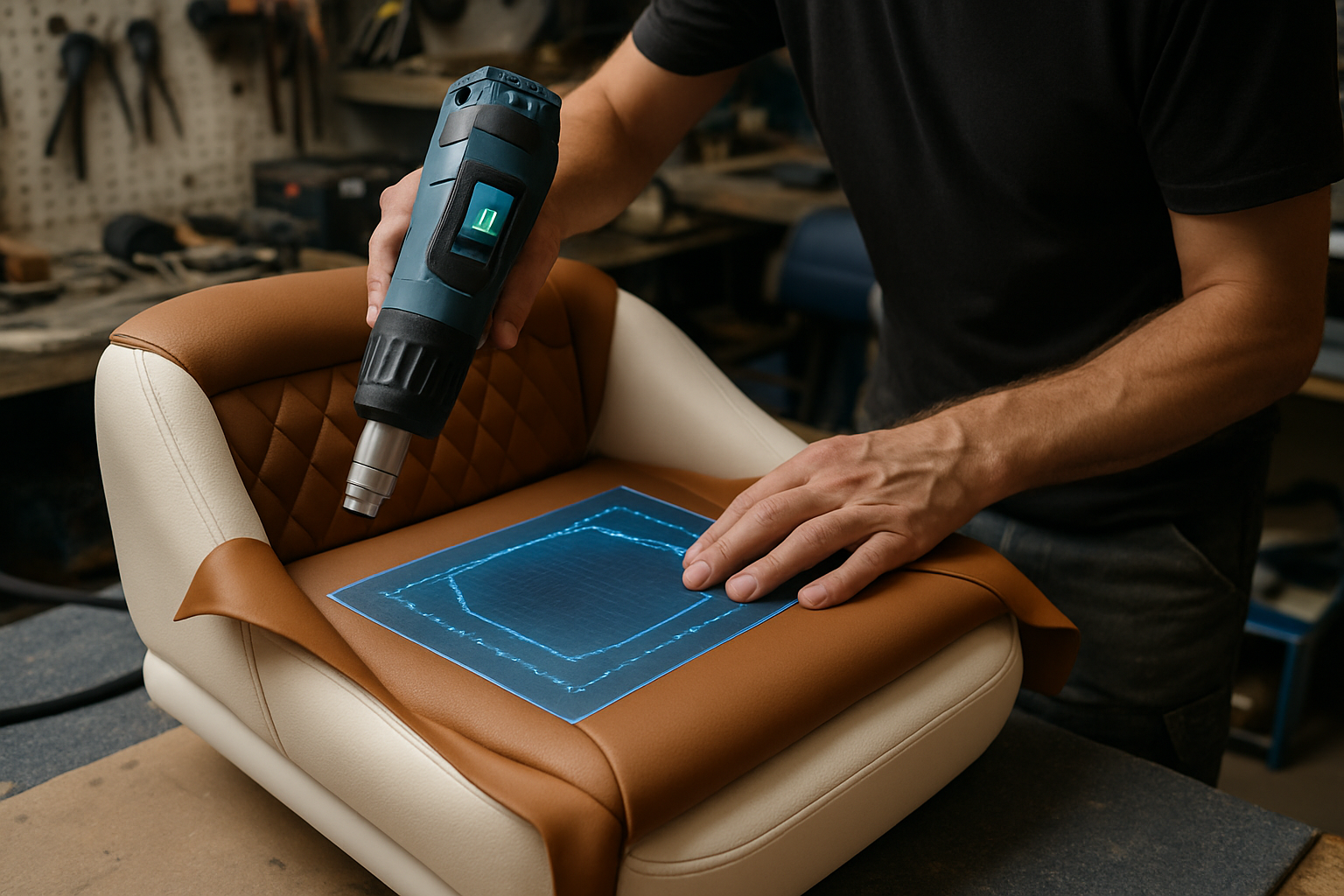 Marine trimmer fitting upholstery to a boat seat using digital patterns