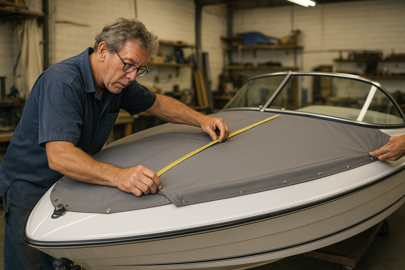 Marine upholsterer fitting custom boat cover