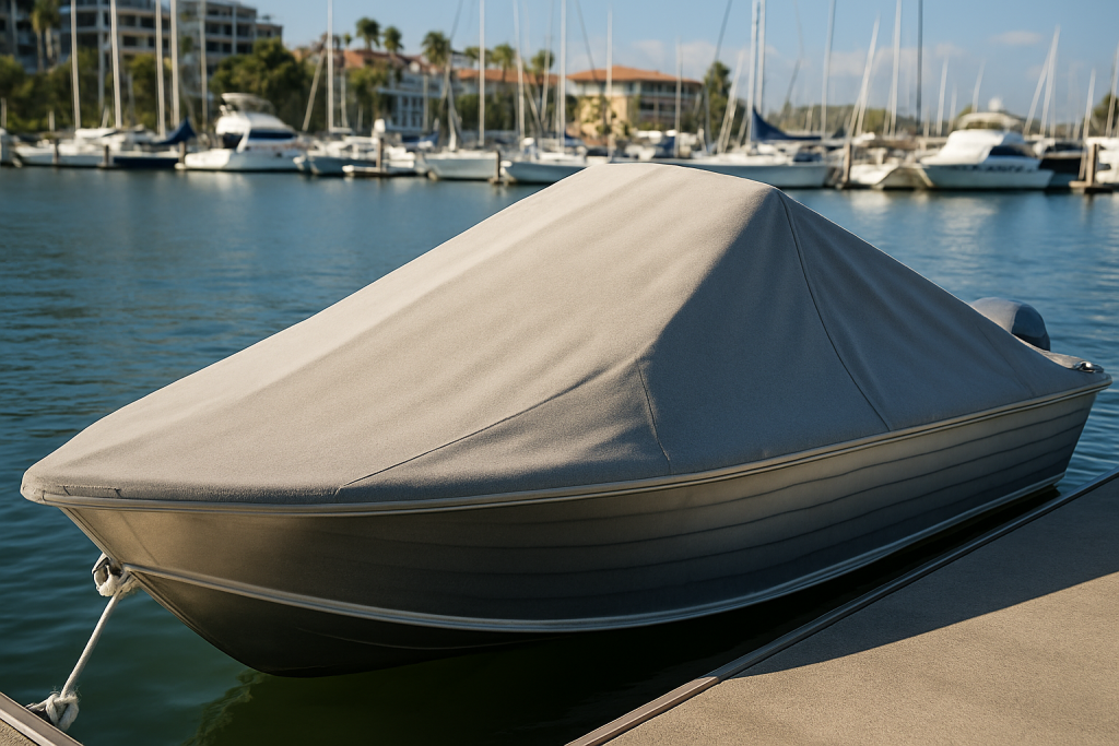 Custom canvas boat cover on an aluminium boat at Gold Coast marina