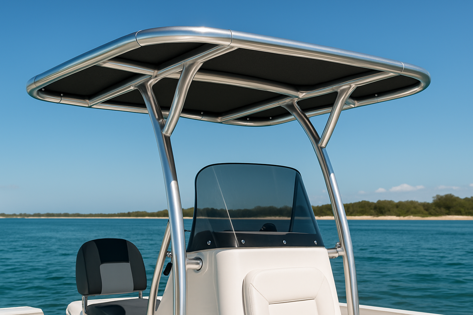 Aluminium boat canopy installed on a bay boat with Gold Coast backdrop